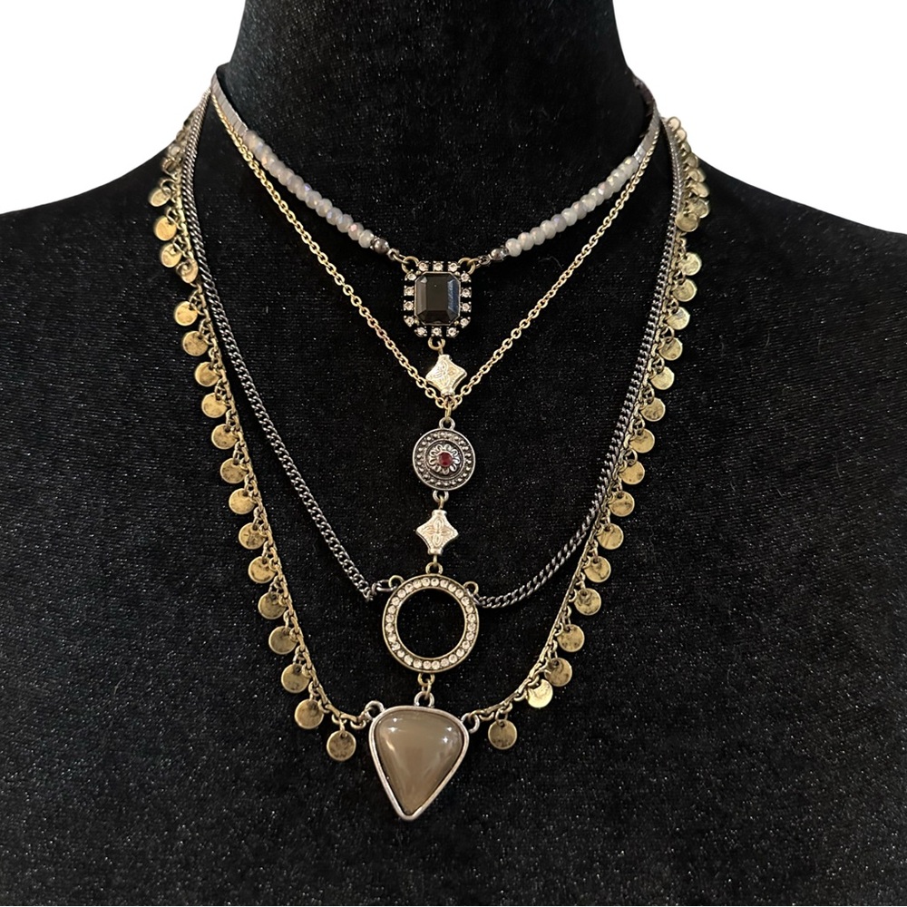 Freedom Necklace Tier Layered Black Silver Tone Rhinestone Fringe Adjustable Len